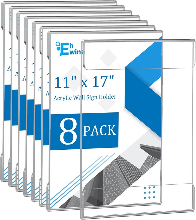 EHWINE 8 Pack 11x17 Wall Mount Acrylic Sign Holder, Wall Signs Photo Menu Flyer Display Holders, Plastic Clear Acrylic Frames for Office Home Hotel Business Store (with Adhesive Tape) - Image 1